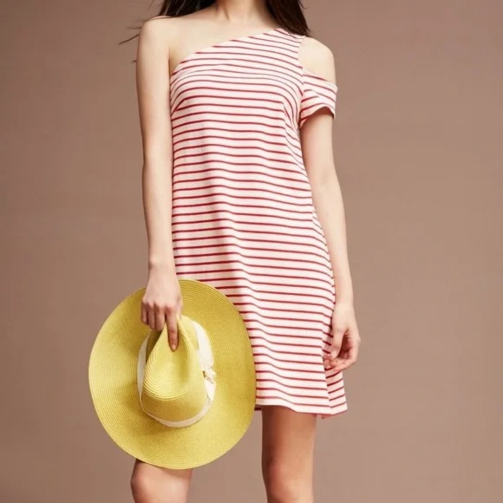 Anthropologie Maeve Red Striped One Shoulder Dress